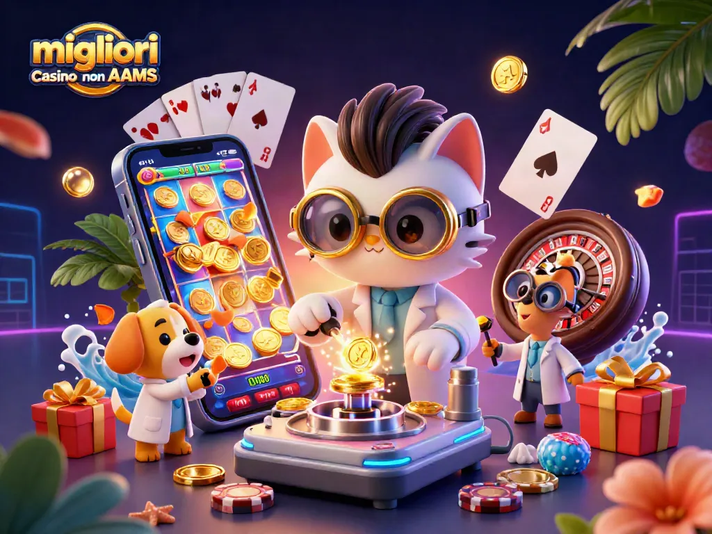 I migliori casino non AAMS presentano un'eccitante scena di gioco con gatti e cani cartoon.