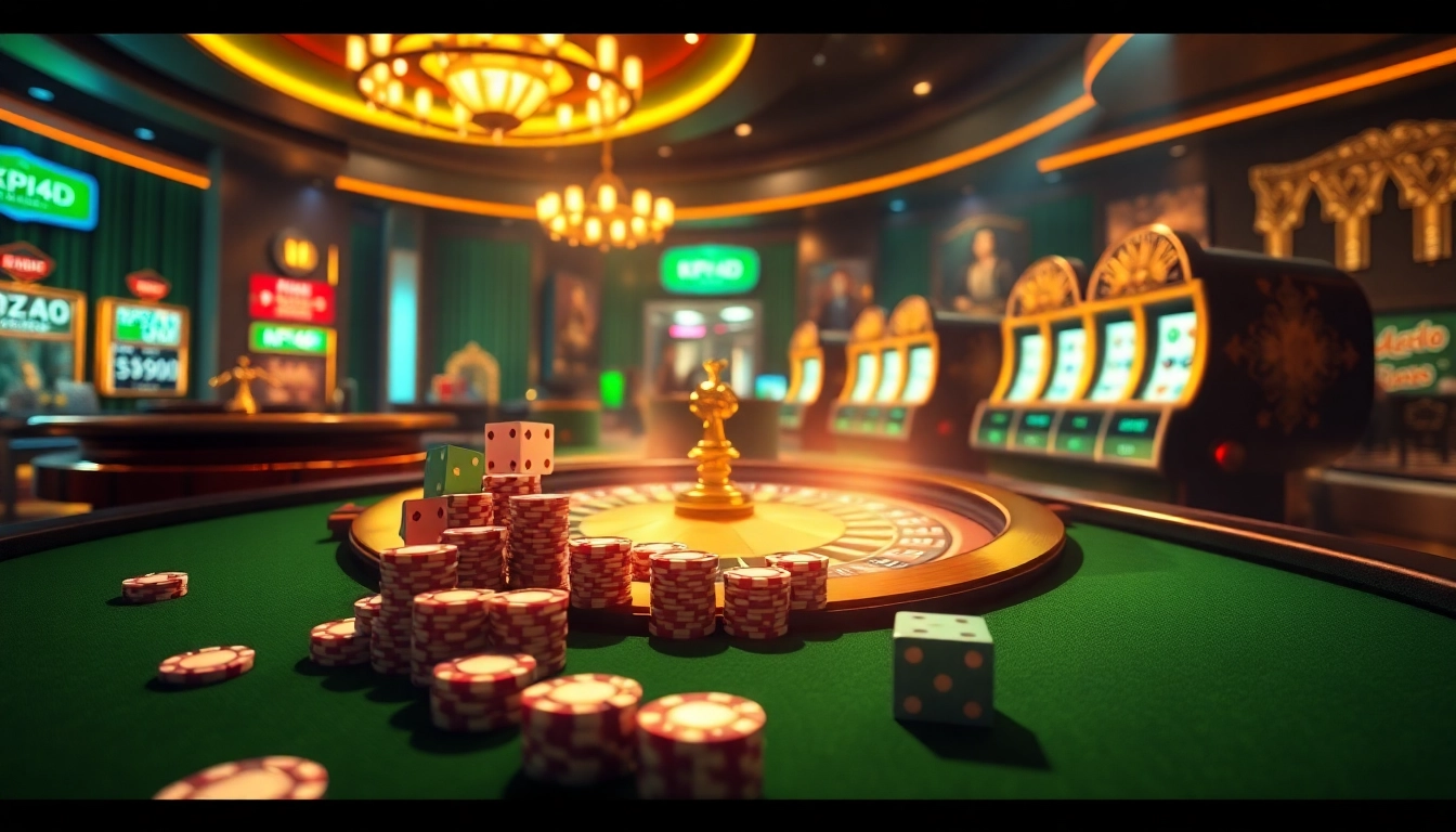 KPI4D casino scene featuring vibrant poker chips and players in a luxurious environment.