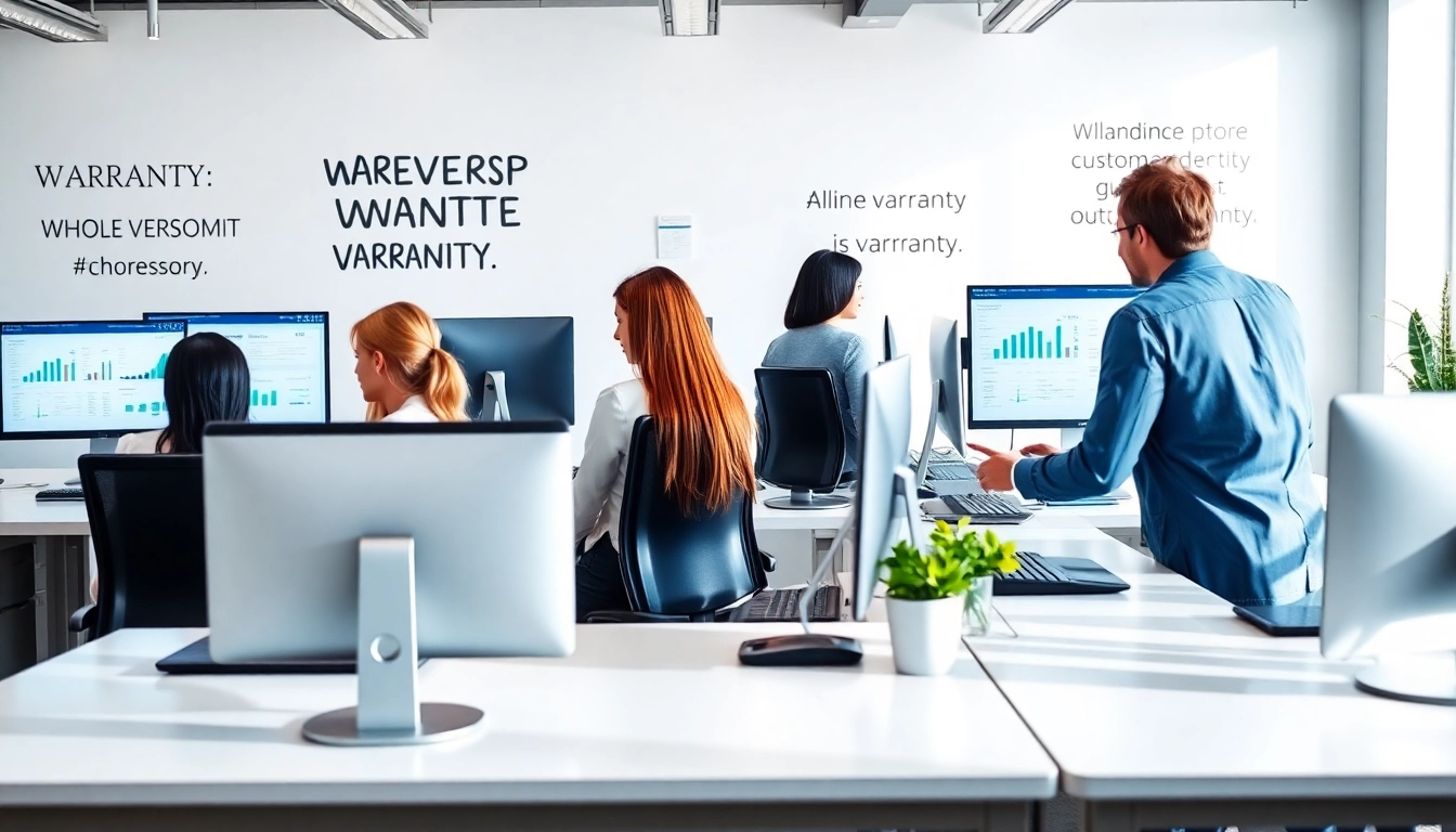 Get an accurate online warranty quote from a collaborative team in a bright office setting.