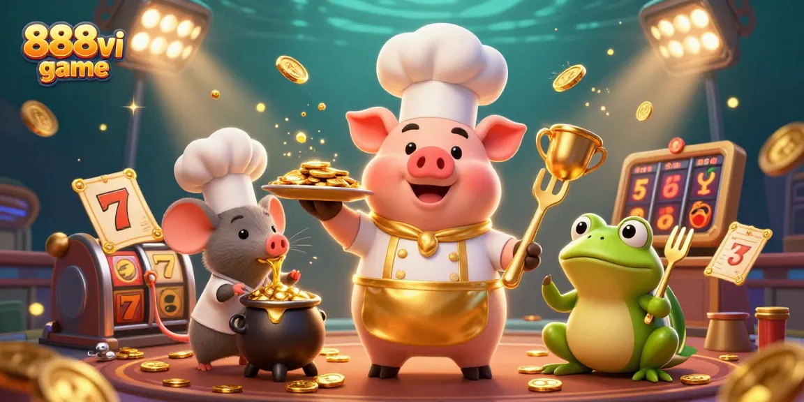Experience the excitement of the 888vi game with vibrant 3D casino characters amidst golden coins!