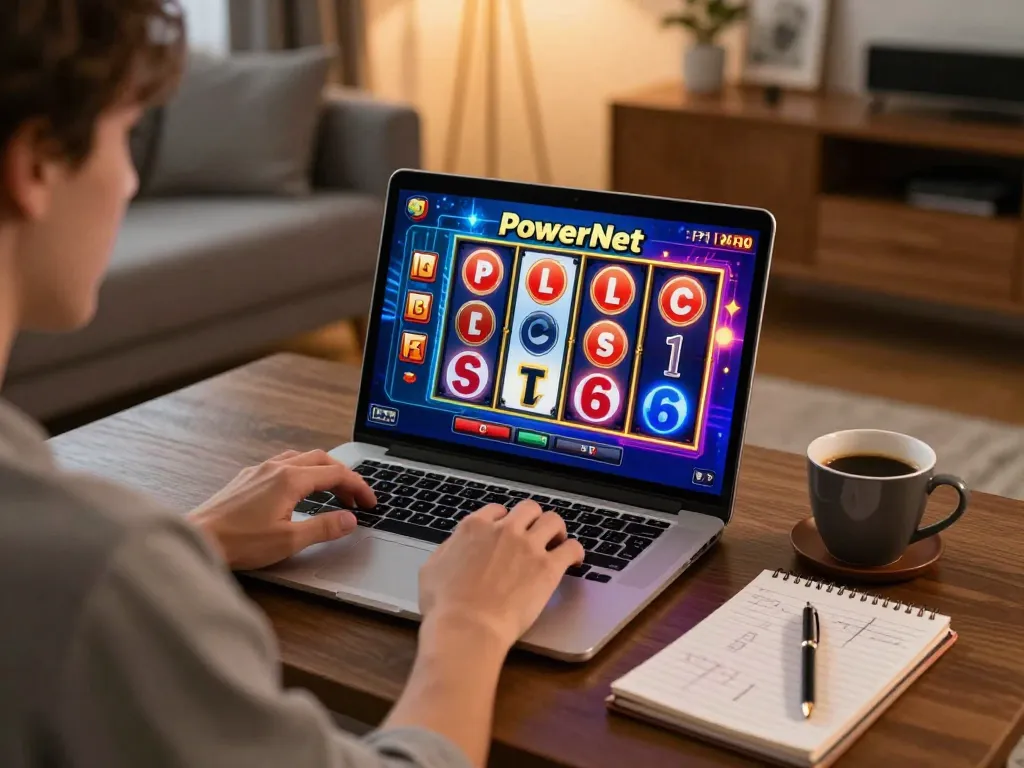 Engaging user spinning PowerNet slot game on a laptop in cozy home setup.