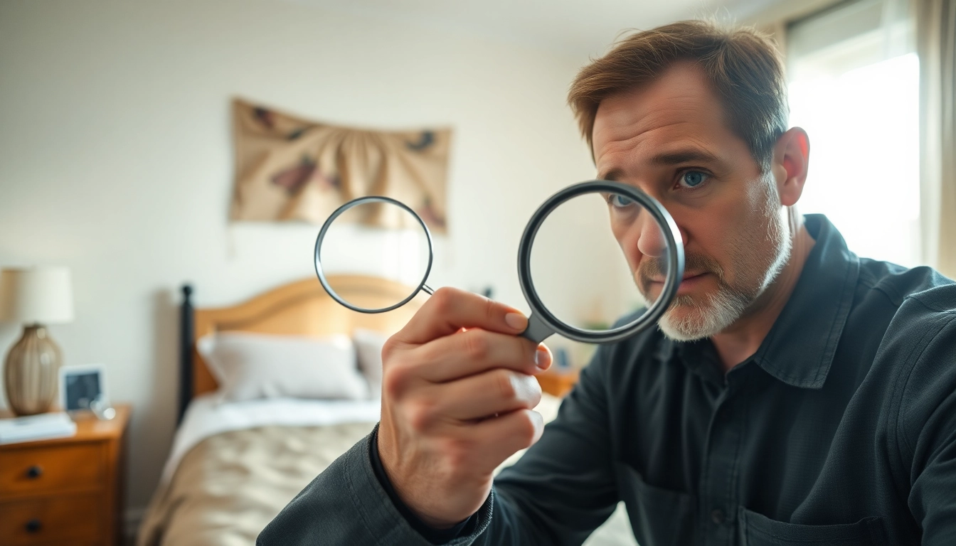 Engaging close-up of a pest control technician inspecting for bed bugs in a bedroom. Highlighting bed bug services near me.