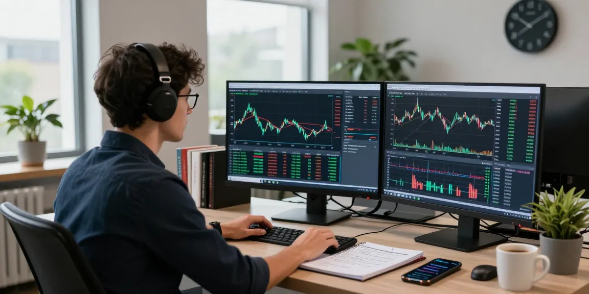 Trader using mt4 software with multiple screens displaying forex charts.