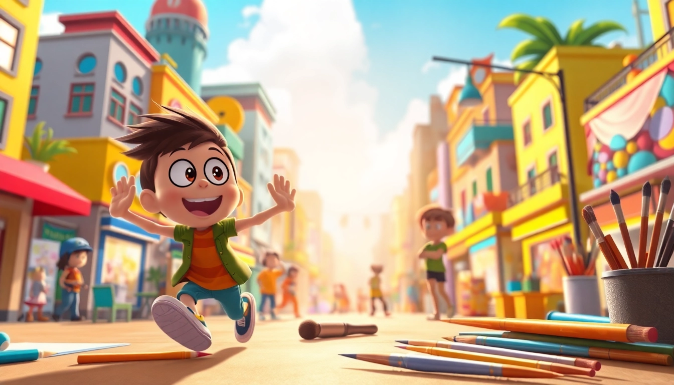 2D Animation Szene mit lebhaften Charakteren in einer bunten Stadtlandschaft.