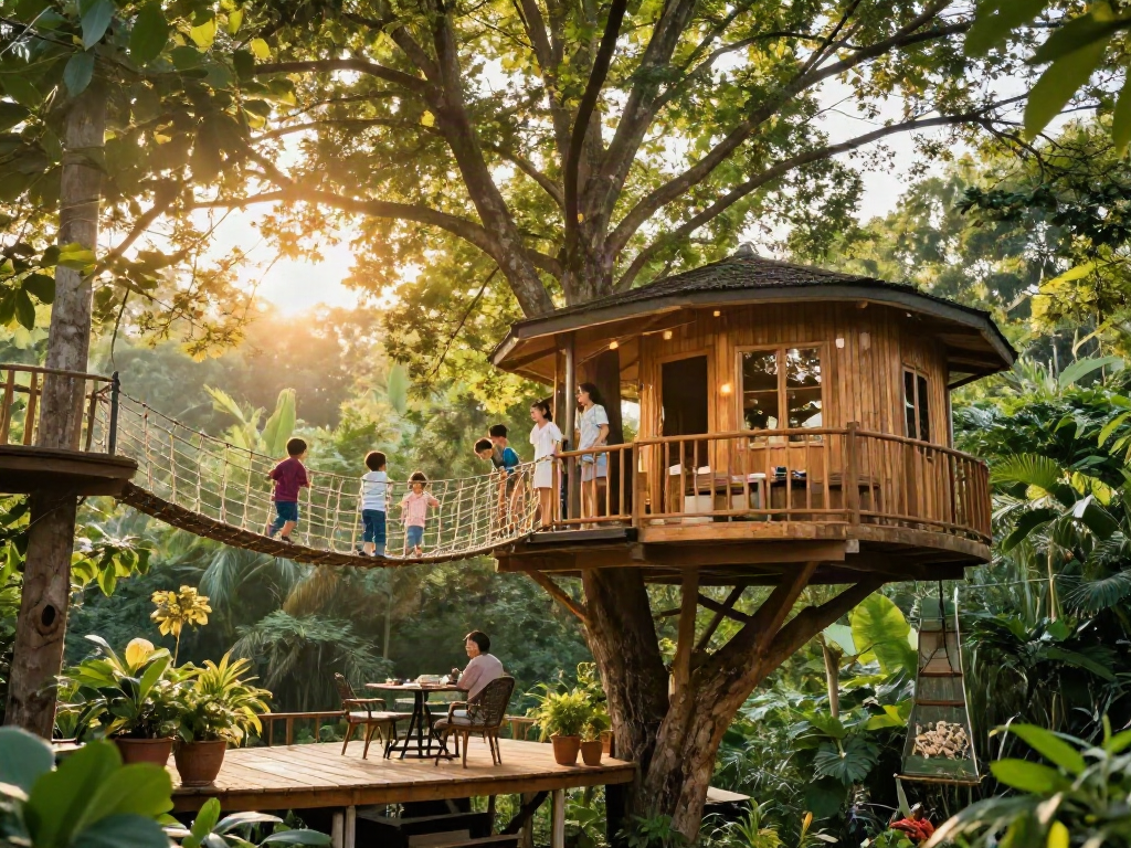 Experience tree house life with a family enjoying their serene forest getaway.