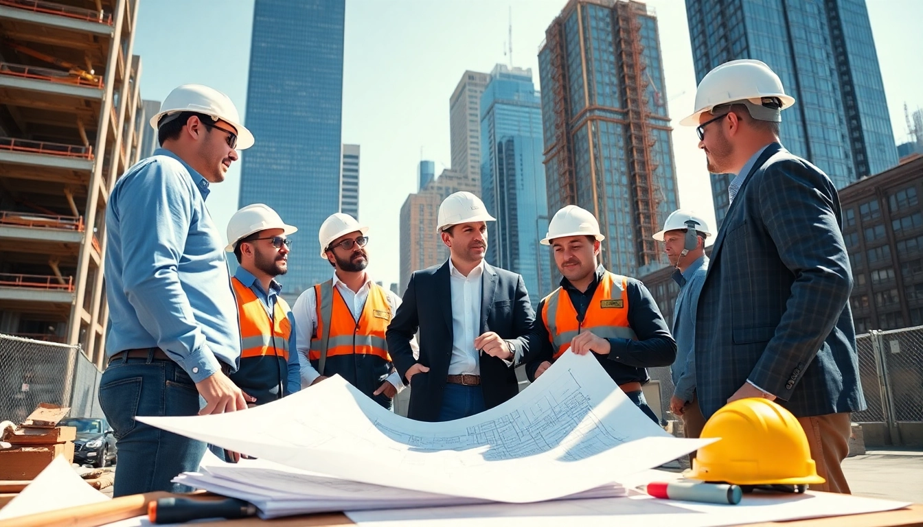 New York General Contractor team reviewing plans at a busy site, showcasing collaboration.