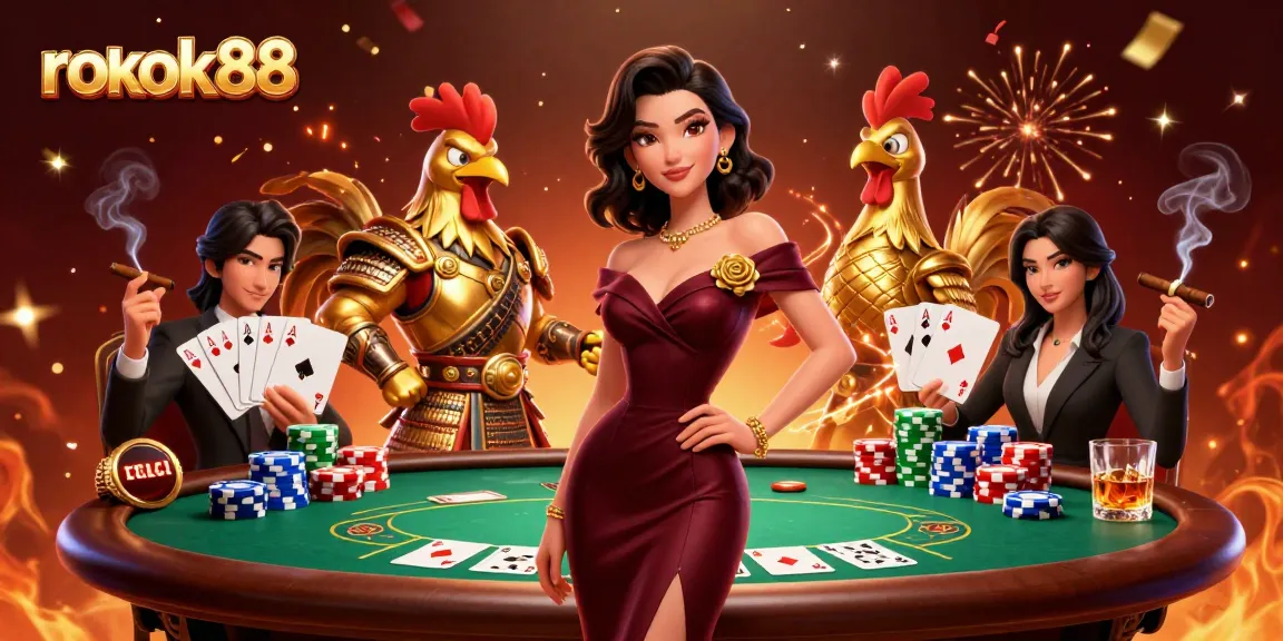 Engage with rokok88 through a lavish casino night featuring glamorous characters amidst vibrant poker elements.