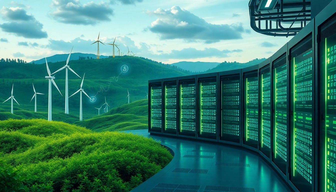 A futuristic cloud mining site illustrating renewable energy use and advanced AI technology.