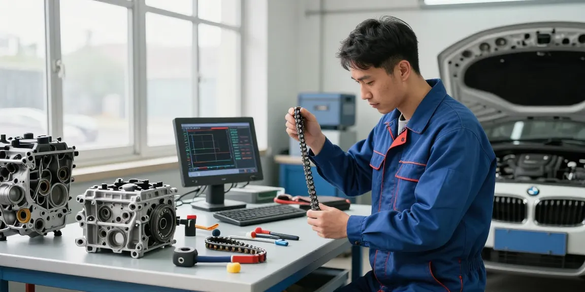 Professioneller Mechaniker beim BMW Steuerkette wechseln in einer modernen Werkstatt mit hochentwickelter Ausrüstung.