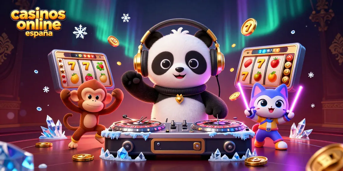 Juega y gana en casinos online en España con esta ilustración vibrante de divertidos personajes en acción.