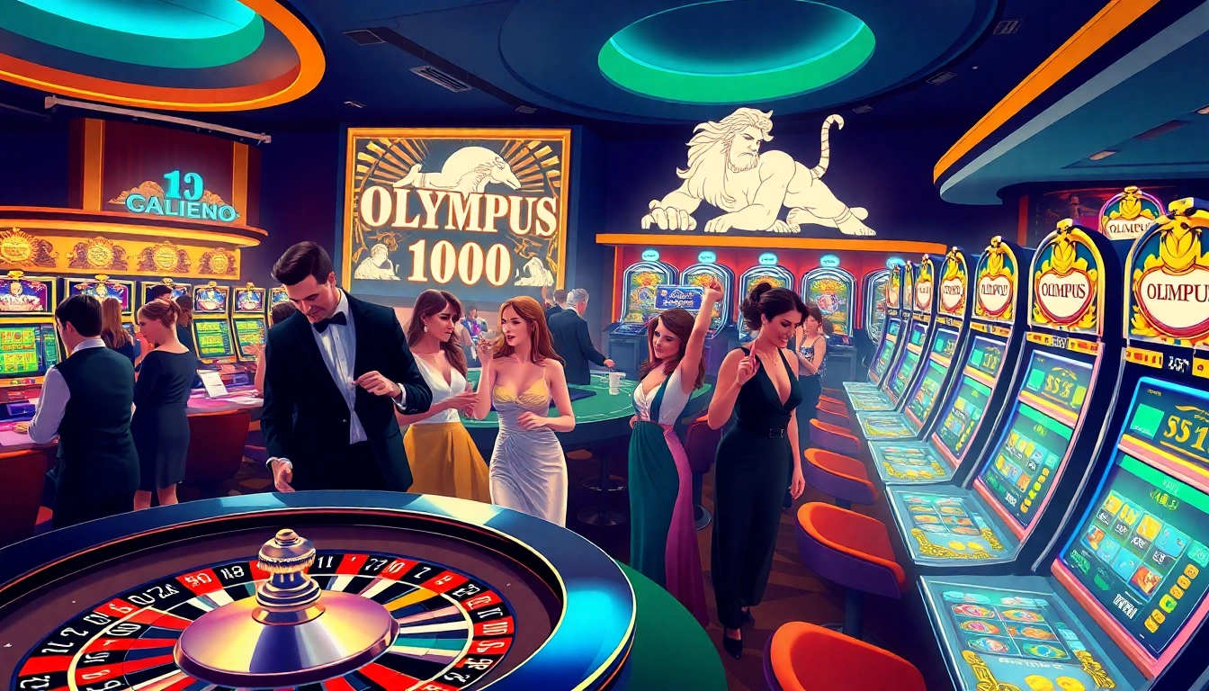 Adegan perjudian yang menampilkan mesin slot bertema Olympus 1000 dan pemain yang antusias di kasino yang penuh warna.