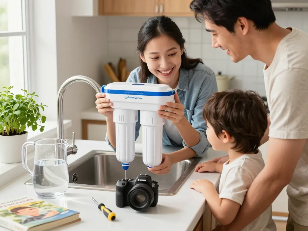Family installing the Filterlogic DA29-00020B Refrigerator Water Filter in a bright kitchen, showcasing a practical home moment.