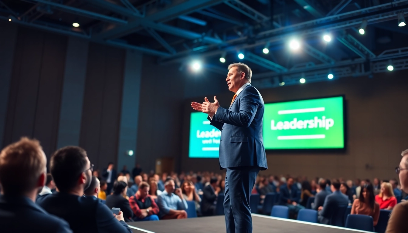 Motivational Speaker energizing an audience during a keynote address in a modern conference setting.