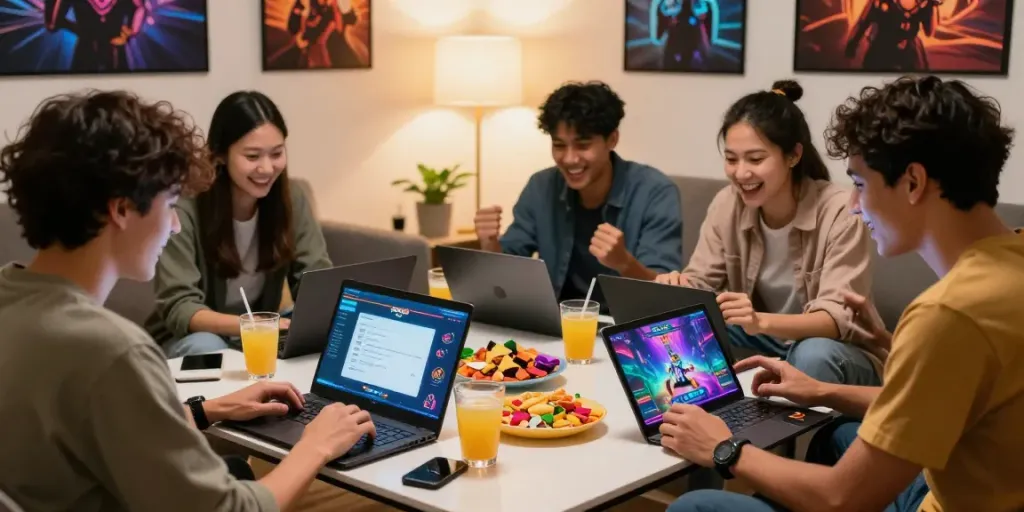 Friends engaging in rokok88 daftar registration process for online gaming, showcasing excitement and camaraderie.