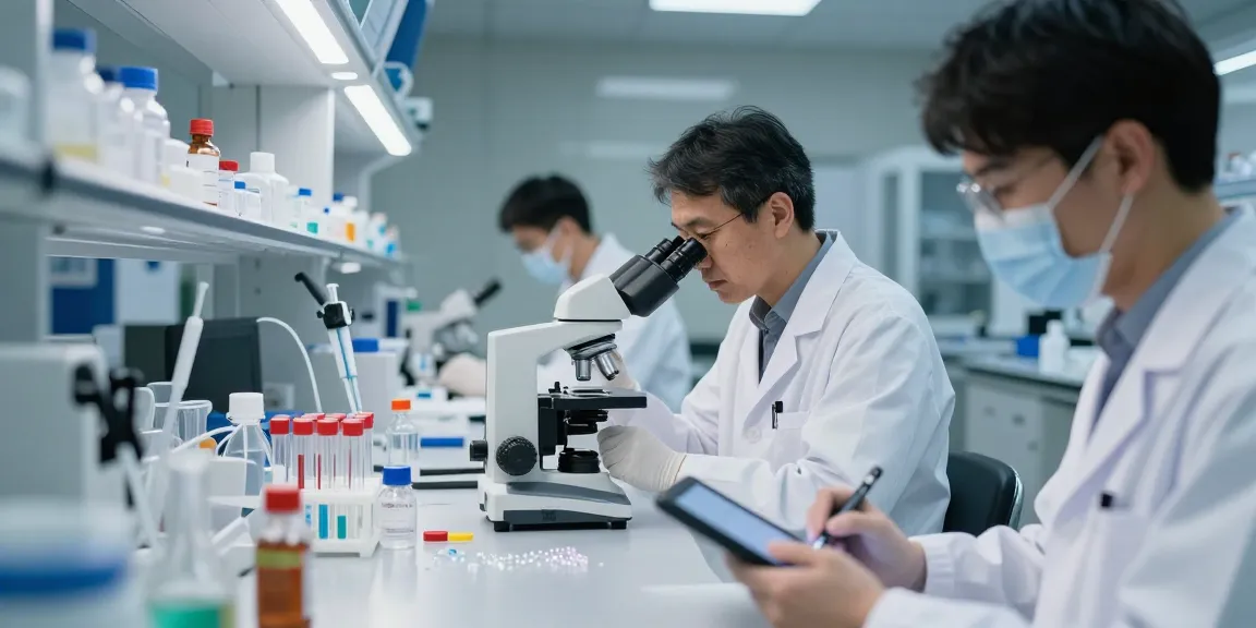 Researchers in a lab analyzing peptide samples at Swiss Chems Labs, showcasing advanced scientific environment.
