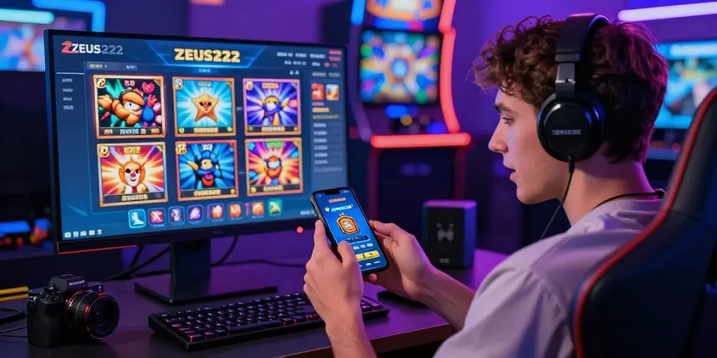 Pengguna ZEUS222 menikmati permainan slot online di smartphone dengan tampilan antarmuka yang berwarna-warni dan suasana gaming yang energik.
