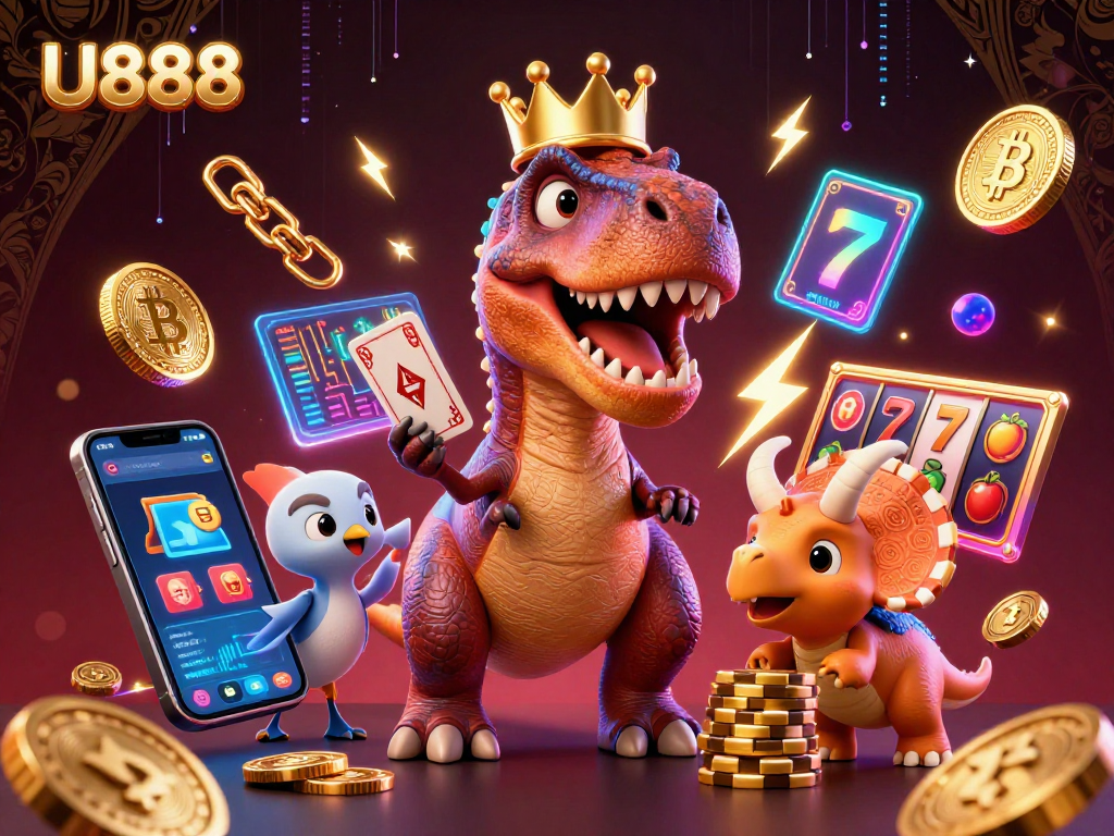 U888 T-Rex shuffling cards with a pterodactyl and triceratops in a vibrant casino scene.