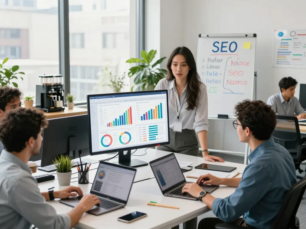 Diverse team strategizing SEO campaigns at a modern office, showcasing an SEO Company in NYC.