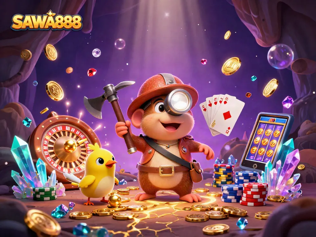 SAWA888 treasure hunter mole reveals dazzling gems and coins in vibrant casino scene.