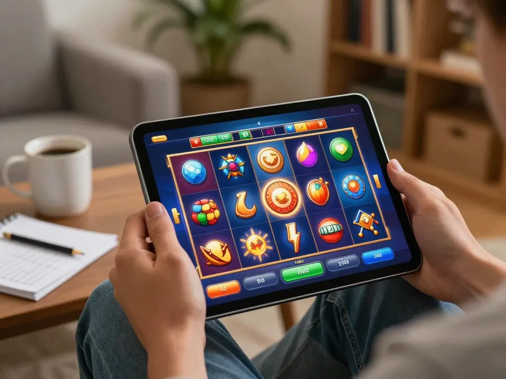 Playing slot 777 on a tablet at home while enjoying a cozy atmosphere and strategizing games.