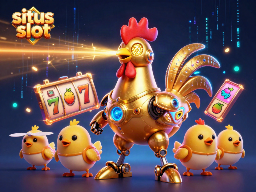 Engage with the colorful situs slot scene featuring a golden rooster robot and playful baby chicks amidst vibrant game elements.