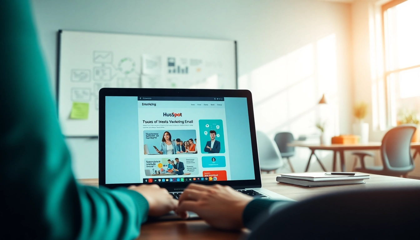 Crafting a hubspot marketing email in a professional office setting with vibrant colors.