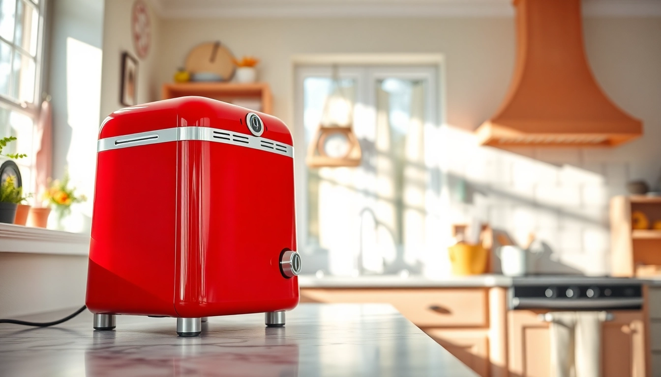 Highlight a bright red retro appliance in a vintage kitchen filled with warm colors.
