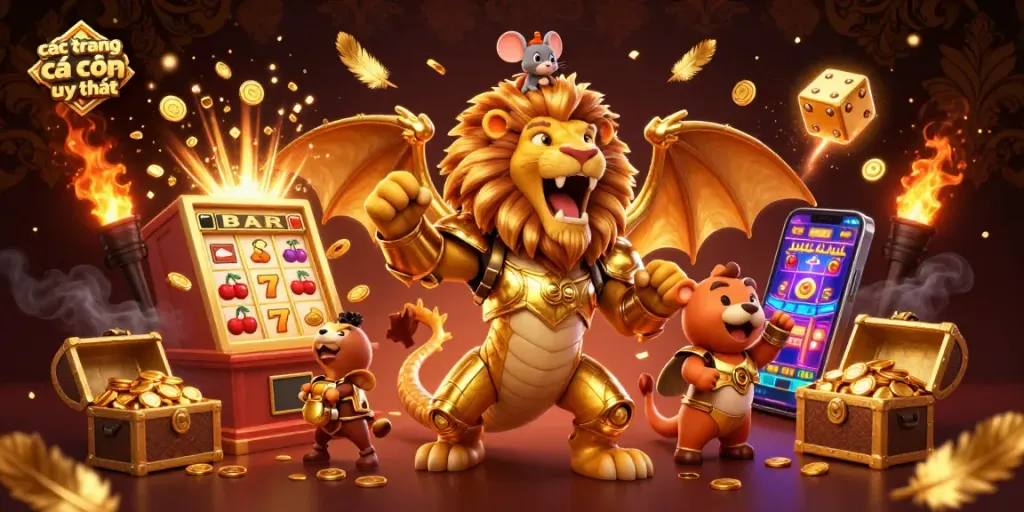 Các trang cá cược uy tín với hình ảnh thú vị gồm sinh vật 3D vang dội, máy đánh bạc và các biểu tượng game.