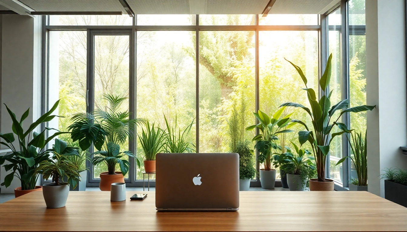 Wintergarten als Buero: Harmonious workspace integrating nature with modern furniture.