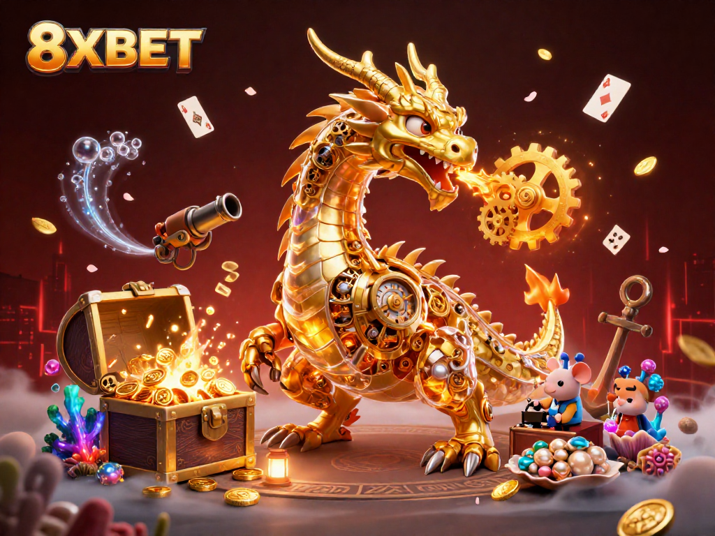 Engage in thrilling action with 8XBET's vibrant underwater adventure featuring a golden dragon and treasures.