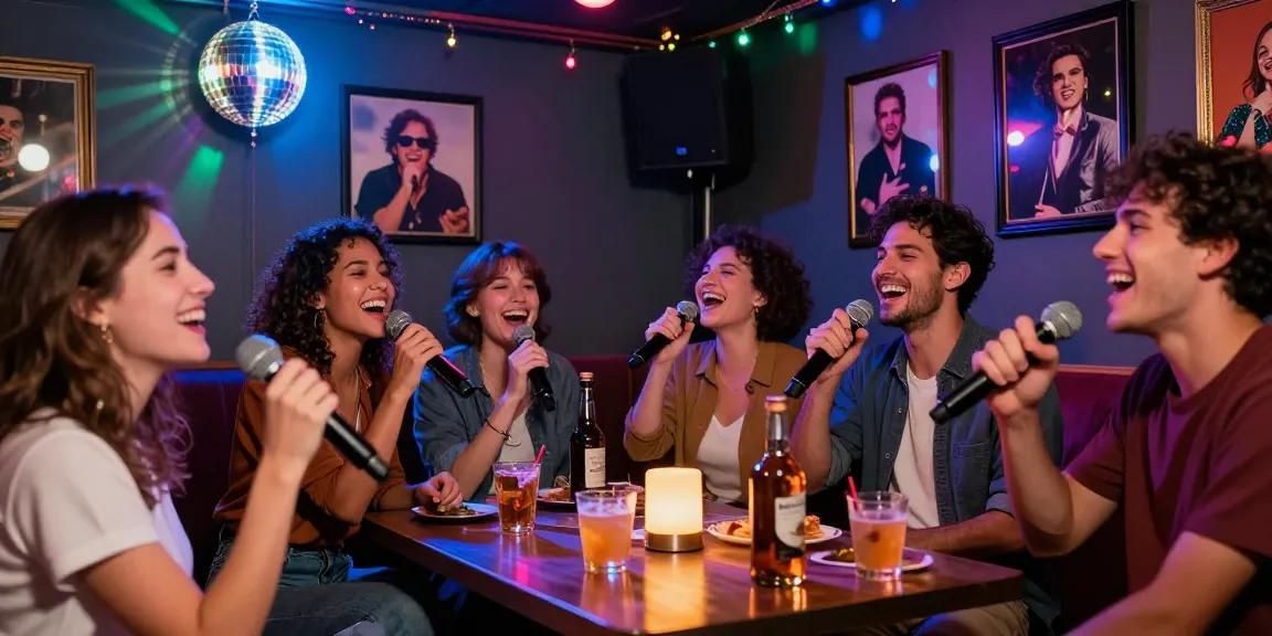 A joyful karaoke evening at https://www.magic4karaoke.com/ with friends singing, colorful lights, and whiskey on the table.