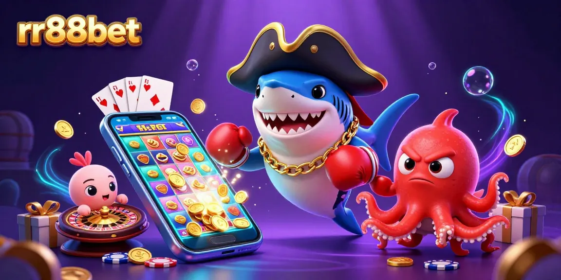 Experience thrilling games with rr88bet in this vibrant casino illustration featuring a playful shark!