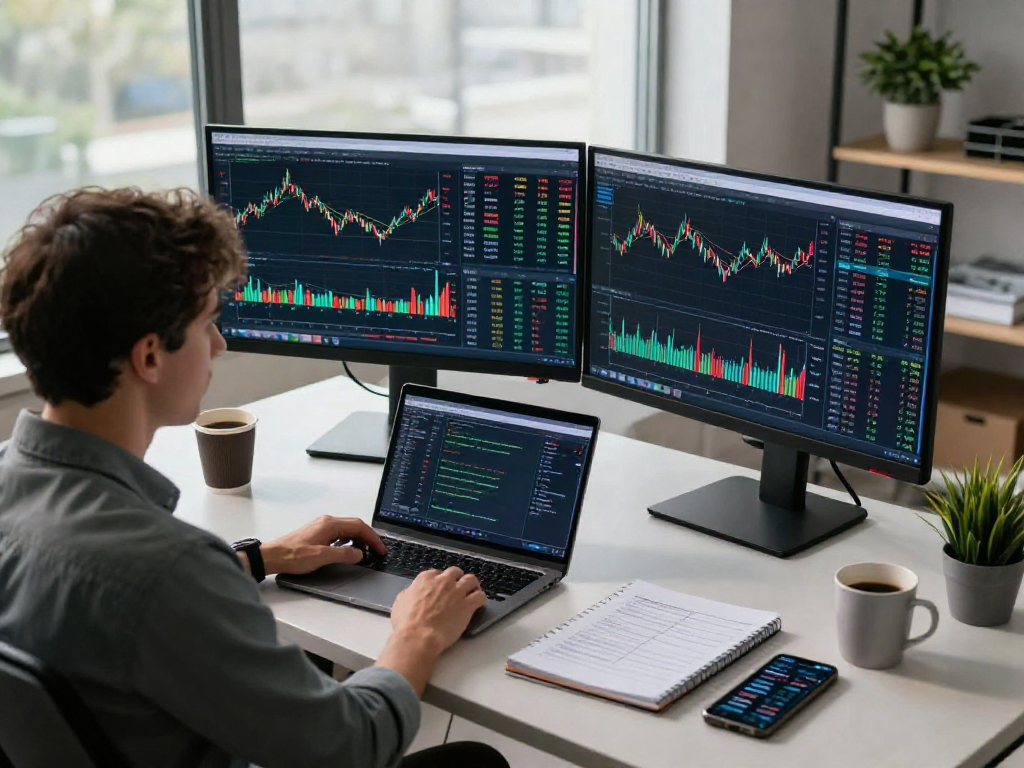 使用TradingView进行股票、外汇和加密货币分析的交易员在现代化办公桌前工作。