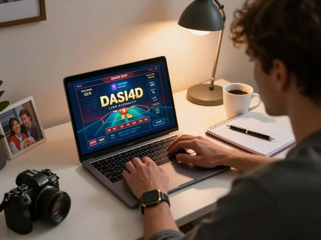 Permainan rumah yang menarik dengan DASI4D link alternatif ditampilkan pada laptop, menggambarkan permainan kasino online yang strategis.