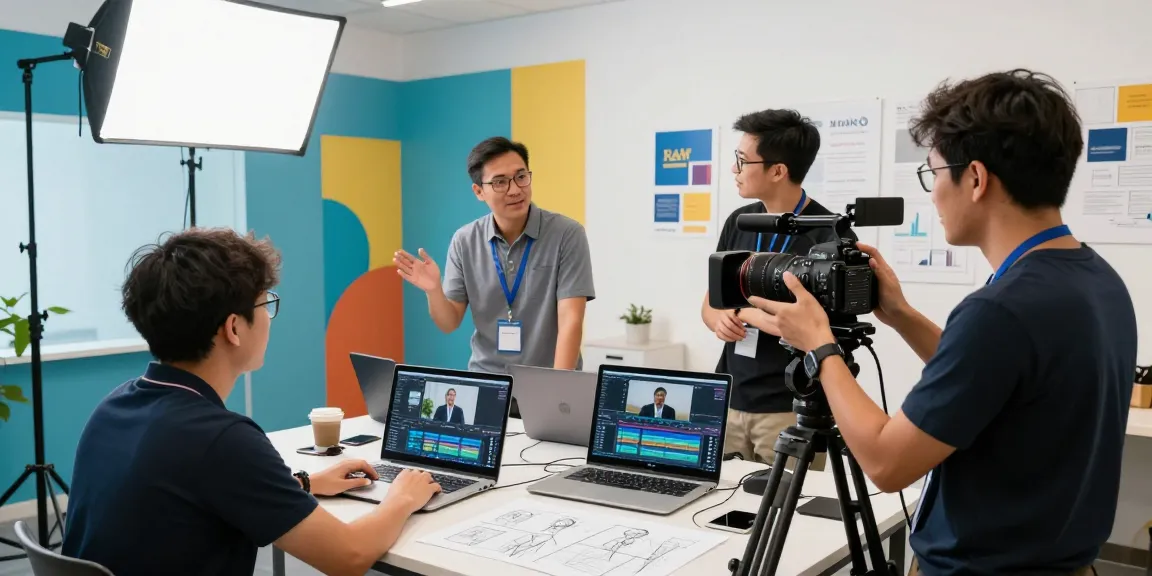 Corporate Videography Services in Singapore showcasing a dynamic team collaboration in a modern studio.