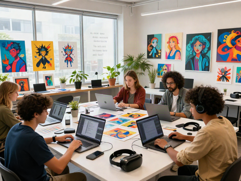 Dynamic collaboration in a digital art studio showcasing innovative nsfw ai artworks and technology.