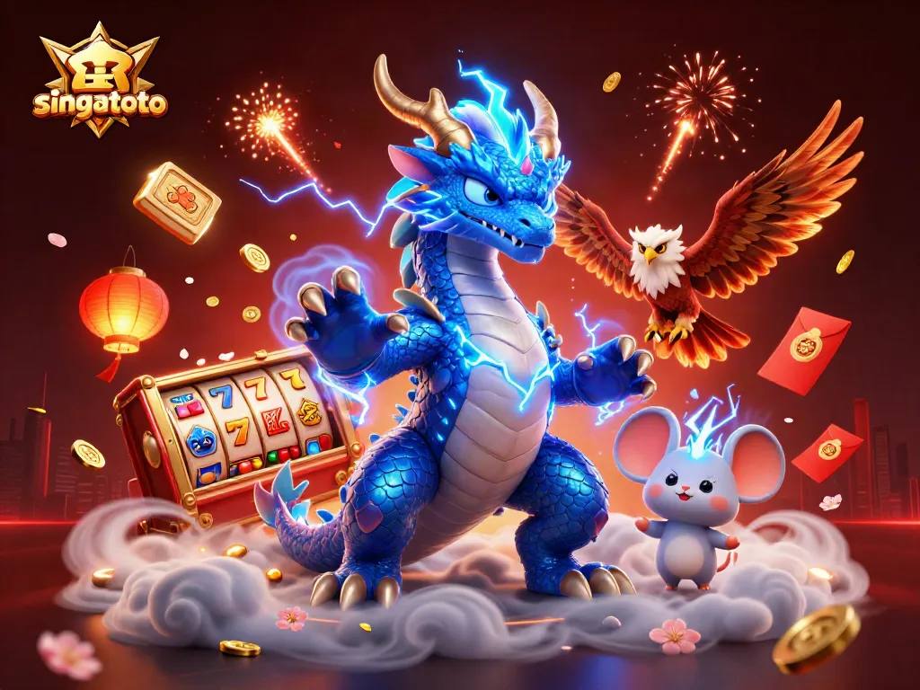 Engage with the dynamic casino scene at singatoto featuring a thunder dragon and vibrant slot games.