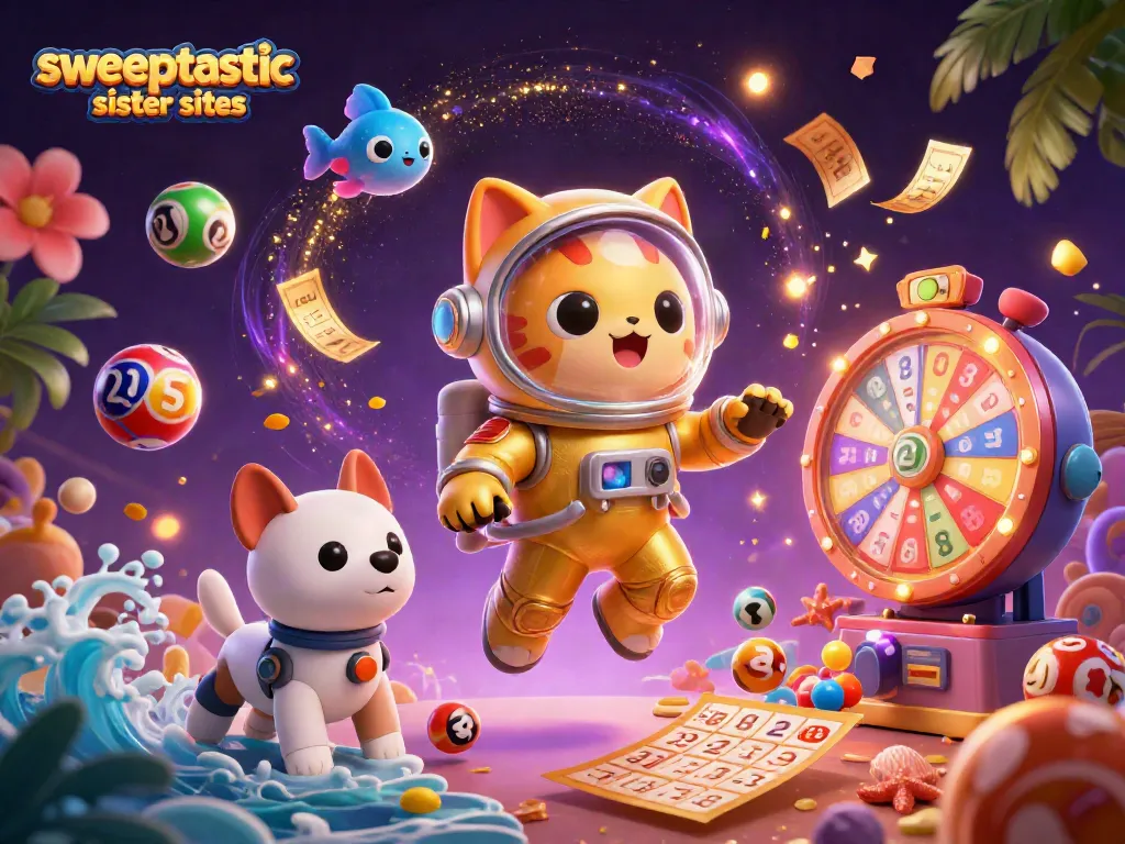 Sweeptastic sister sites feature a playful scene with a cat astronaut and colorful game elements for excitement.