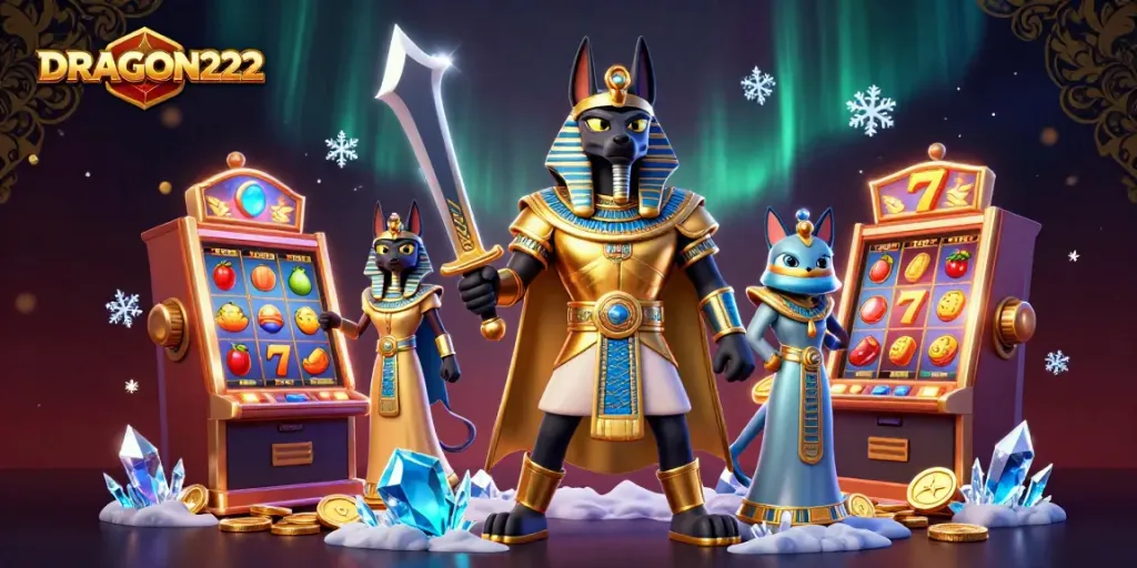 Play thrilling slots at DRAGON222 featuring majestic Anubis, Bastet, and vibrant gaming elements.