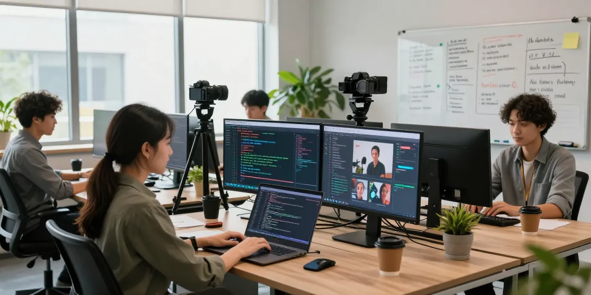 Team working in modern workspace using ai detector technology for content moderation and image analysis