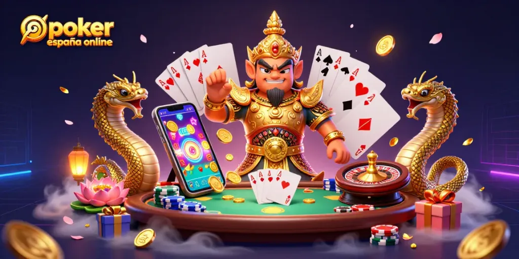 Disfruta al máximo de póker España online con esta emocionante ilustración 3D llena de acción, cartas y fichas.