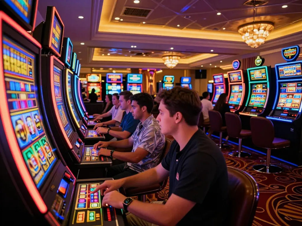 Situs slot gacor highlights players eagerly spinning bright slot machines in a luxurious casino.