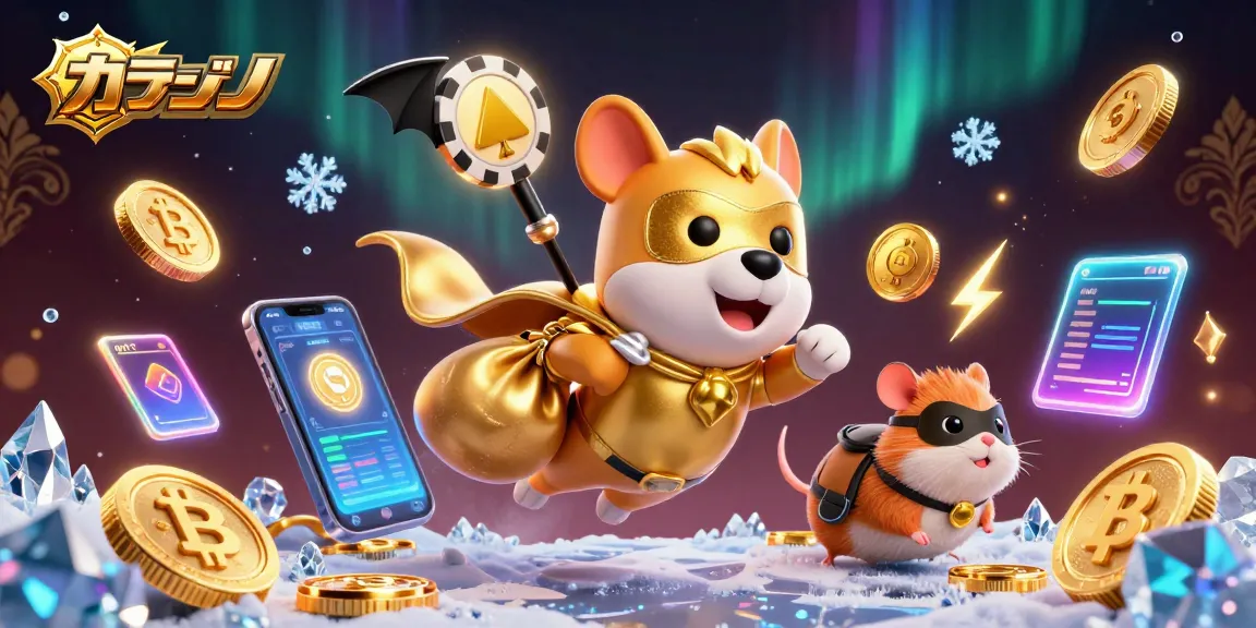 オンラインカジノで遊ぶヒーロー犬が金貨を運ぶイラスト