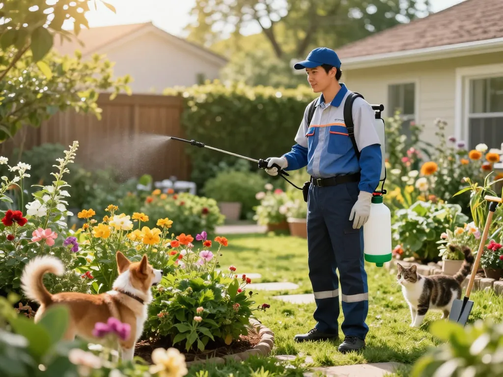 Pest control guide in action as technician applies eco-friendly treatment in suburban garden.
