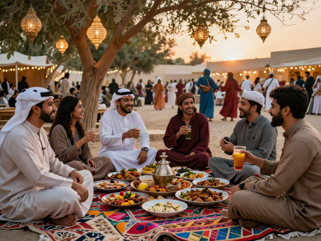 قھوجیین وصبابین الریاض في احتفال خارجي مع أصدقاء يستمتعون بالطعام التقليدي ومشاركة الأجواء الثقافية