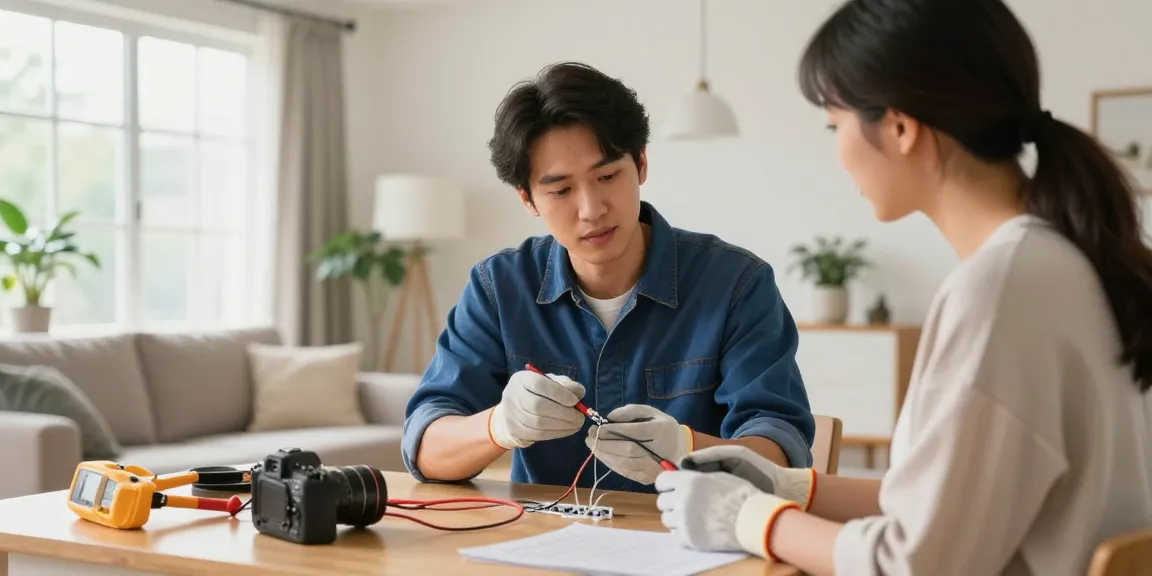 Electrician near me inspecting residential wiring with homeowner in bright living room.