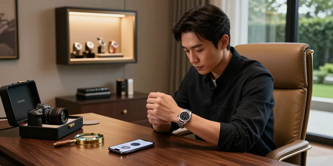 Examining a high-quality replica watch in a stylish home office.