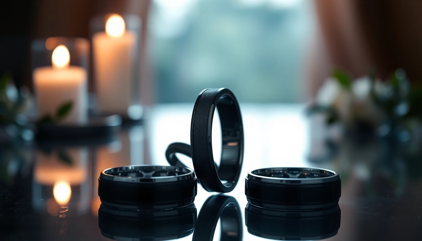 Showcase of Black Wedding Rings for Men with intricate designs and a romantic setting.