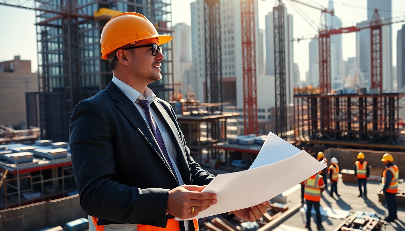 New York City Construction Manager overseeing a busy project site with cranes and blueprints.