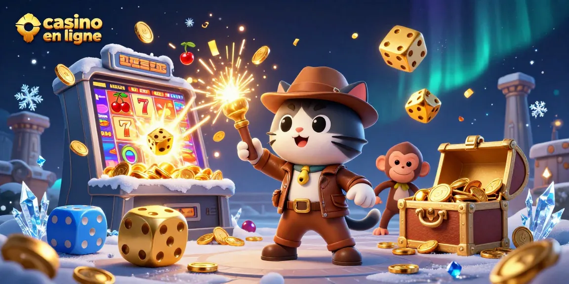 Célébrez l'excitation du casino en ligne avec un chat explorateur et son singe compagnon découvrant des trésors cachés.